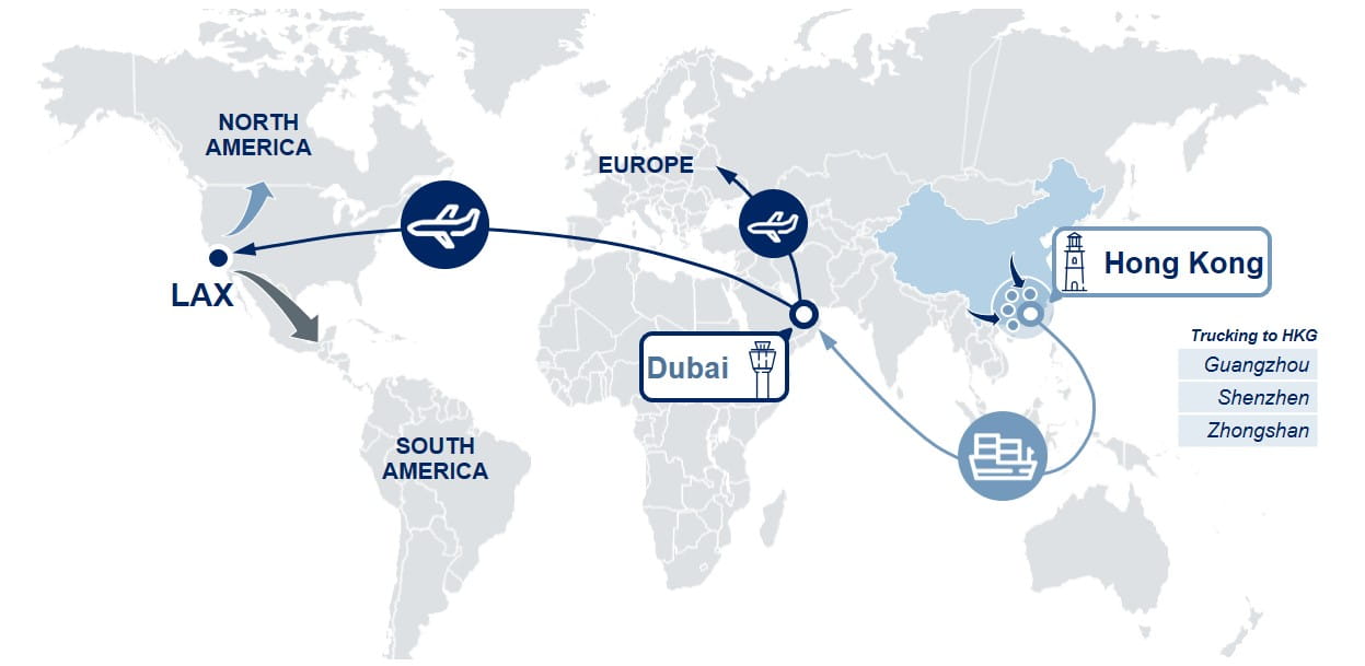 From Hong Kong South China via Dubai